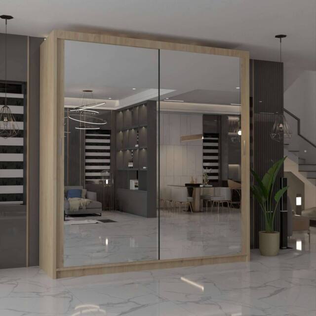 MN Furniture Cuba Sliding Mirror Wardrobe - LED Light 203cm x 217cm in Light Oak - Size: 203 cm x 217 cm - image 1