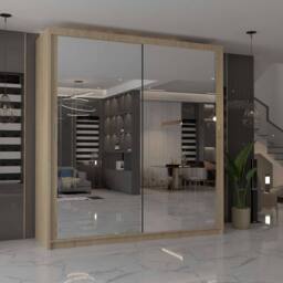 MN Furniture Cuba Sliding Mirror Wardrobe - LED Light 203cm x 217cm in Light Oak - Size: 203 cm x 217 cm - thumbnail 1