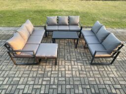 Fimous Aluminium 10 Seater Outdoor Garden Furniture Set Lounge Sofa Oblong Coffee Table Big Footstool Sets with Cushions in Dark Grey - thumbnail 2
