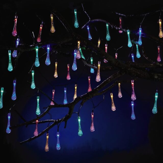 mysmartbuy 50 LED Multicolour Solar Powered Droplets - Colourful Waterproof Garden String Fairy Lights with 2 Modes & 4 Colours - 9m Cable - image 1