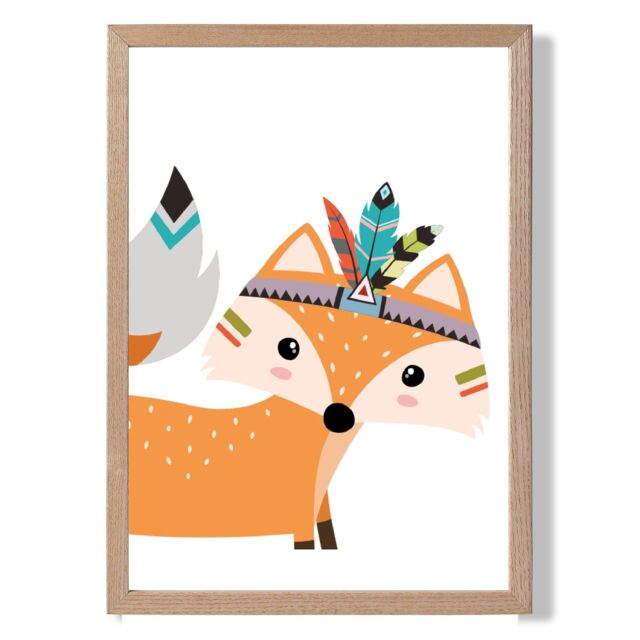 ARTZE Peeking Orange Fox Tribal Animal Framed Print SIZE: A4 with Oak Frame - Size: A3 - image 1