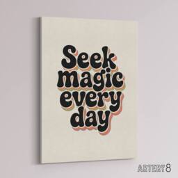 "Artery8 Seek Magic Every Day Funky Retro Typography Canvas Wall Art Print in Beige - Size: W18"" x H24""" - thumbnail 2