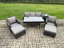Fimous 7 Seater Rattan Outdoor Garden Furniture Set Rectangular Dining Table & Chair Sofa Set With Side Table in Dark Grey - thumbnail 1