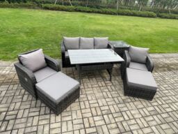 Fimous 7 Seater Rattan Outdoor Garden Furniture Set Rectangular Dining Table & Chair Sofa Set With Side Table in Dark Grey - thumbnail 2