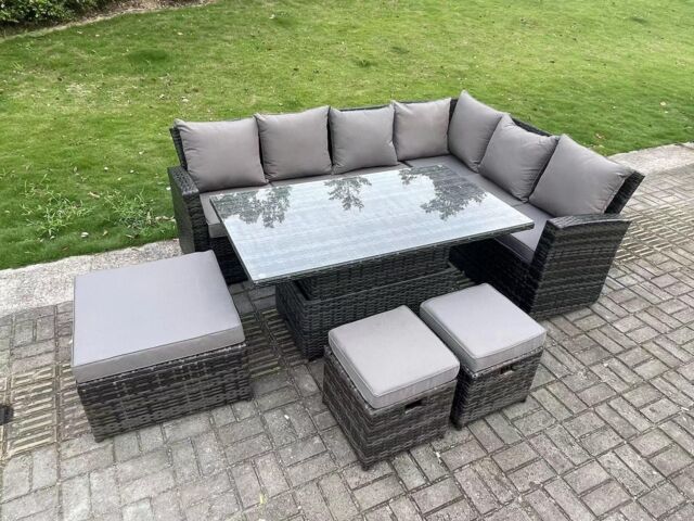 Fimous 9 Seater High Back Outdoor Rattan Adjustable Rising Lifting Dining Table Corner Sofa Garden Furniture Right Hand in Dark Grey - image 1