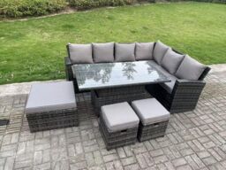 Fimous 9 Seater High Back Outdoor Rattan Adjustable Rising Lifting Dining Table Corner Sofa Garden Furniture Right Hand in Dark Grey - thumbnail 2