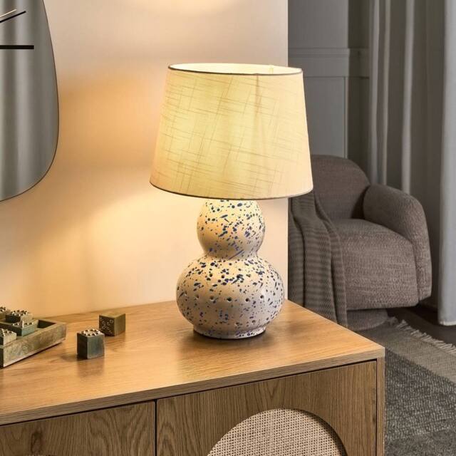 Wyld and Coco White Ceramic Table Lamp Blue Splatters Faux Linen Drum Shade Modern - image 1