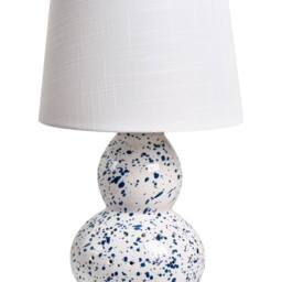 Wyld and Coco White Ceramic Table Lamp Blue Splatters Faux Linen Drum Shade Modern - thumbnail 2