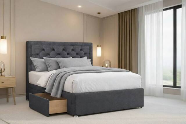 "Chester & Oakley Valencia Plush Divan Bed Base 4 Drawers - 26"" Headboard in Dark Grey - Size: Double" - image 1