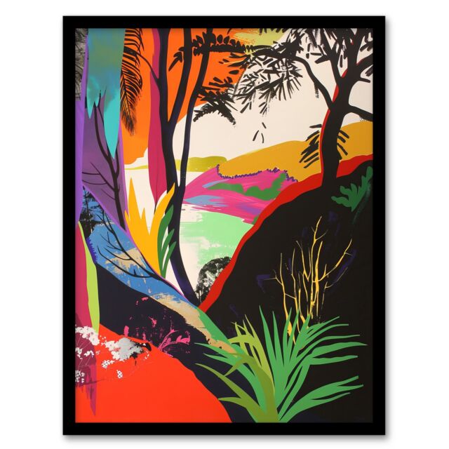 "Artery8 Colourful Abstract Trees Hills Lake Bright Bold Framed Art Print - Size: W12"" x H16""" - image 1