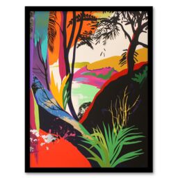"Artery8 Colourful Abstract Trees Hills Lake Bright Bold Framed Art Print - Size: W12"" x H16""" - thumbnail 1
