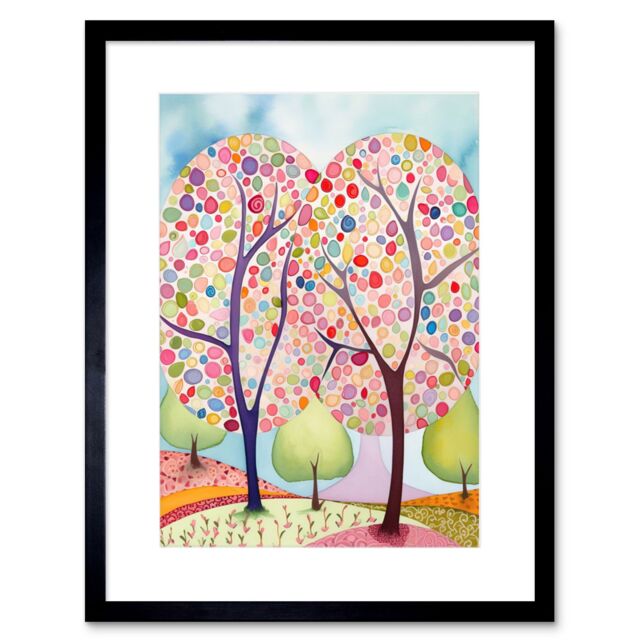 "Artery8 Wall Art Print Two Trees Blooming In Spring Folk Art Watercolour Painting Artwork Framed 9X7 Inch in Black - Size: W7"" x H9""" - image 1