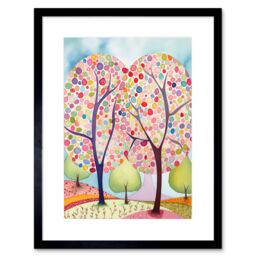 "Artery8 Wall Art Print Two Trees Blooming In Spring Folk Art Watercolour Painting Artwork Framed 9X7 Inch in Black - Size: W7"" x H9""" - thumbnail 1