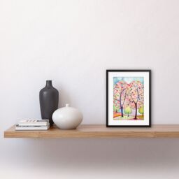 "Artery8 Wall Art Print Two Trees Blooming In Spring Folk Art Watercolour Painting Artwork Framed 9X7 Inch in Black - Size: W7"" x H9""" - thumbnail 2