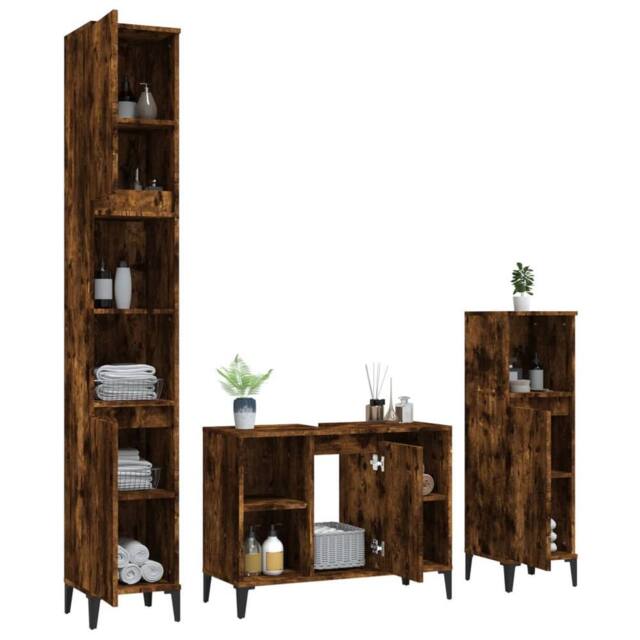 Berkfield Home Modern 3 Piece Bathroom Furniture Set Smoked Oak Engineered Wood in Brown - image 1
