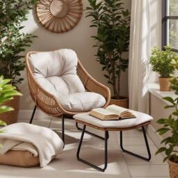 FurnitureboxUK Tahiti Indoor / Outdoor Beige Rattan Chair & Footstool