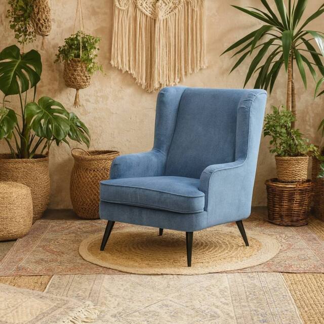 Wyld Haus Trenton Blue Velvet High Back Wing Armchair - image 1