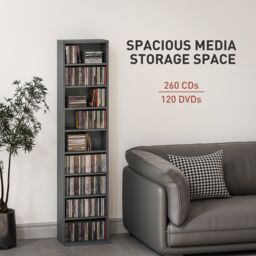 HOMCOM 260 CD Storage Unit 120 DVD Storage Tower with 9 Compartments in Grey - thumbnail 4
