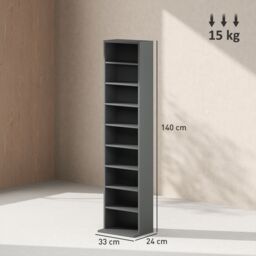 HOMCOM 260 CD Storage Unit 120 DVD Storage Tower with 9 Compartments in Grey - thumbnail 3