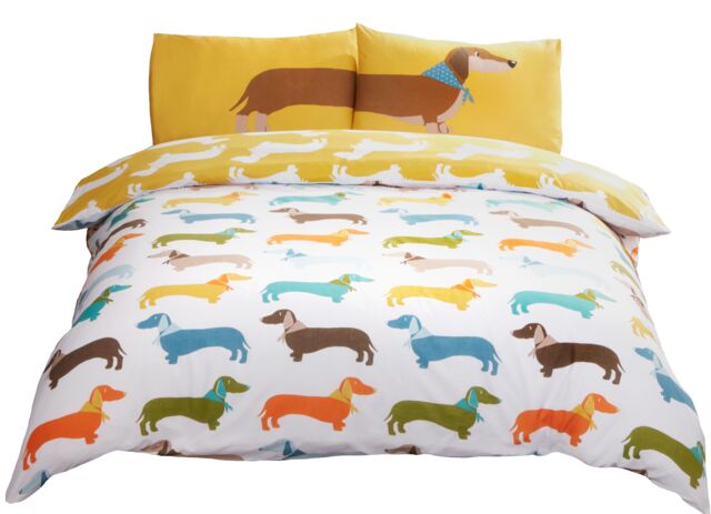 Rapport Home Sausage Dog Microfibre Reversible Duvet Cover Set with Pillowcase in Yellow - Size: Single - image 1