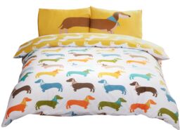 Rapport Home Sausage Dog Microfibre Reversible Duvet Cover Set with Pillowcase in Yellow - Size: Single - thumbnail 1