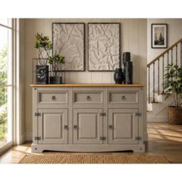 Hinsinc Grey Mexican Style 3 Door 3 Drawer Pine Sideboard - Size: 0.6m2 - thumbnail 4