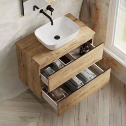 Banyetti Vatilla 800mm Wall Hung Vanity with Matching Worktop - Ostippo Oak in Light Oak - thumbnail 3