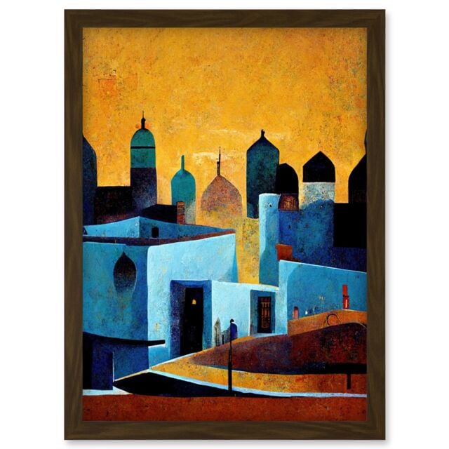 Artery8 Moroccan African Cityscape Modern Blue Yellow Artwork Framed Wall Art Print A4 in Brown - image 1