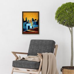 Artery8 Moroccan African Cityscape Modern Blue Yellow Artwork Framed Wall Art Print A4 in Brown - thumbnail 2