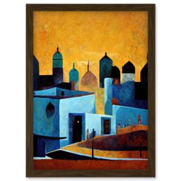 Artery8 Moroccan African Cityscape Modern Blue Yellow Artwork Framed Wall Art Print A4 in Brown - thumbnail 1