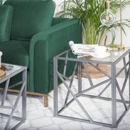 Wyld and Coco Modern Side Table Transparent Glass Top and Silver Geometric Iron - thumbnail 1