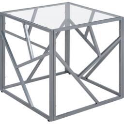 Wyld and Coco Modern Side Table Transparent Glass Top and Silver Geometric Iron - thumbnail 2