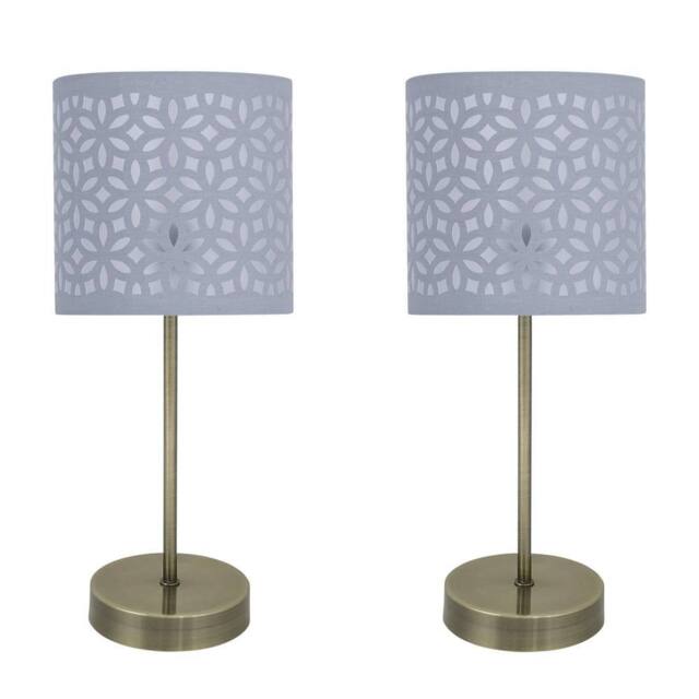 First Choice Lighting Set of 2 Antique Brass Stick Table Lamps with Grey Laser Cut Shades in Bronze - image 1