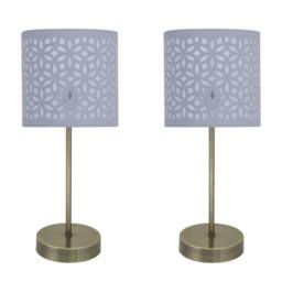 First Choice Lighting Set of 2 Antique Brass Stick Table Lamps with Grey Laser Cut Shades in Bronze