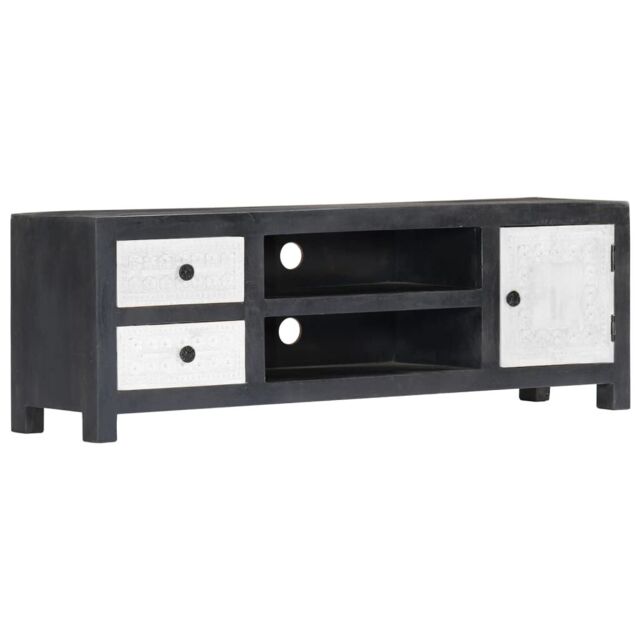 Berkfield Home Hand Carved TV Cabinet Grey&White 120x30x40 cm Solid Wood Mango in Grey - Size: 120 x 30 x 40 cm