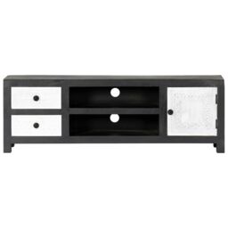 Berkfield Home Hand Carved TV Cabinet Grey&White 120x30x40 cm Solid Wood Mango in Grey - Size: 120 x 30 x 40 cm - thumbnail 3