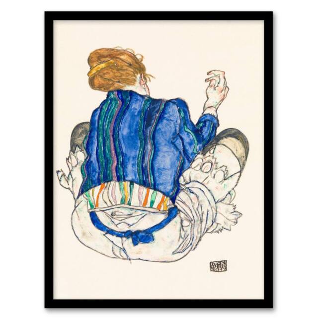 Artery8 Egon Schiele Framed Wall Art Print Seated Woman Back View Painting in Blue - Size: A4 - image 1