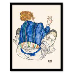 Artery8 Egon Schiele Framed Wall Art Print Seated Woman Back View Painting in Blue - Size: A4 - thumbnail 1