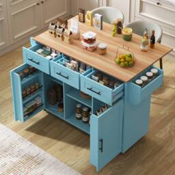 Merax Kitchen Island Trolley with Foldable Worktop, Kitchen Storage Cabinet in Blue - thumbnail 2