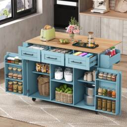 Merax Kitchen Island Trolley with Foldable Worktop, Kitchen Storage Cabinet in Blue - thumbnail 1