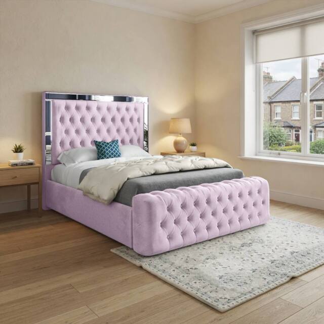 Casani Zennor Mirror Upholstered Pink Soft Velvet Designer Bed Frame - Size: Small Single - image 1