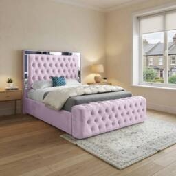 Casani Zennor Mirror Upholstered Pink Soft Velvet Designer Bed Frame - Size: Small Single - thumbnail 1