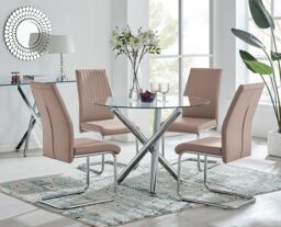FurnitureboxUK Selina Round Glass & Chrome Metal Dining Table & Lorenzo Chairs Set in Beige - Size: 2 Person