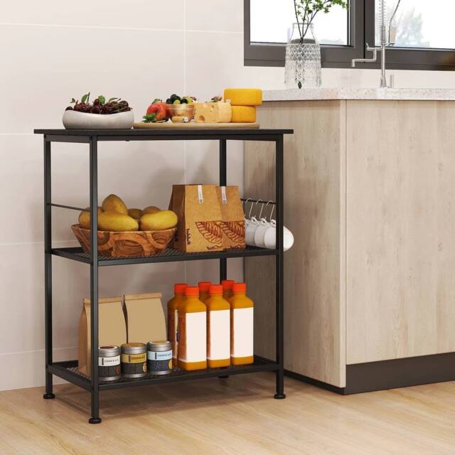 FORGEVIO 3 Tier Storage Shelves Kitchen Island Cart with Flexible in Black - image 1