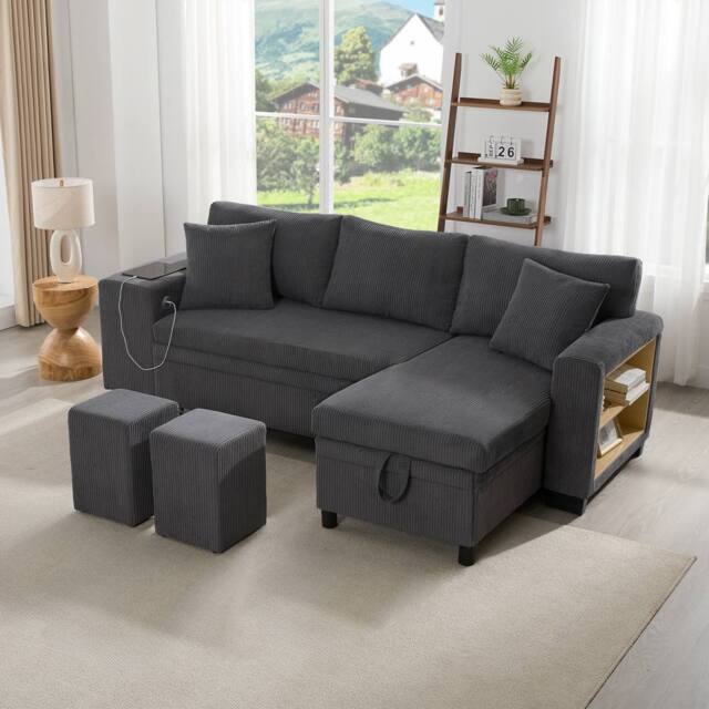 Merax L-Shaped Convertible Corner Sofa Bed with 2 Ottomans & USB Ports in Grey - image 1