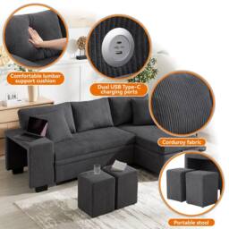 Merax L-Shaped Convertible Corner Sofa Bed with 2 Ottomans & USB Ports in Grey - thumbnail 7