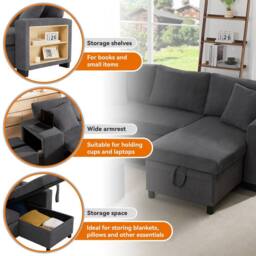 Merax L-Shaped Convertible Corner Sofa Bed with 2 Ottomans & USB Ports in Grey - thumbnail 8