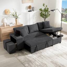 Merax L-Shaped Convertible Corner Sofa Bed with 2 Ottomans & USB Ports in Grey - thumbnail 3