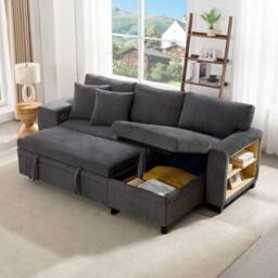 Merax L-Shaped Convertible Corner Sofa Bed with 2 Ottomans & USB Ports in Grey - thumbnail 5