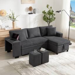 Merax L-Shaped Convertible Corner Sofa Bed with 2 Ottomans & USB Ports in Grey - thumbnail 4